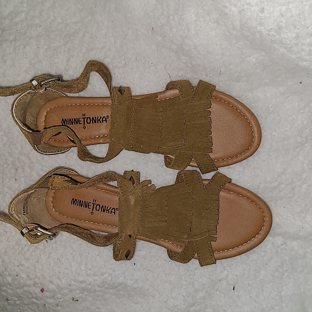 Minnetonka S. 7 Brown Suede Leather Wood Wedge Gladiator Sandals